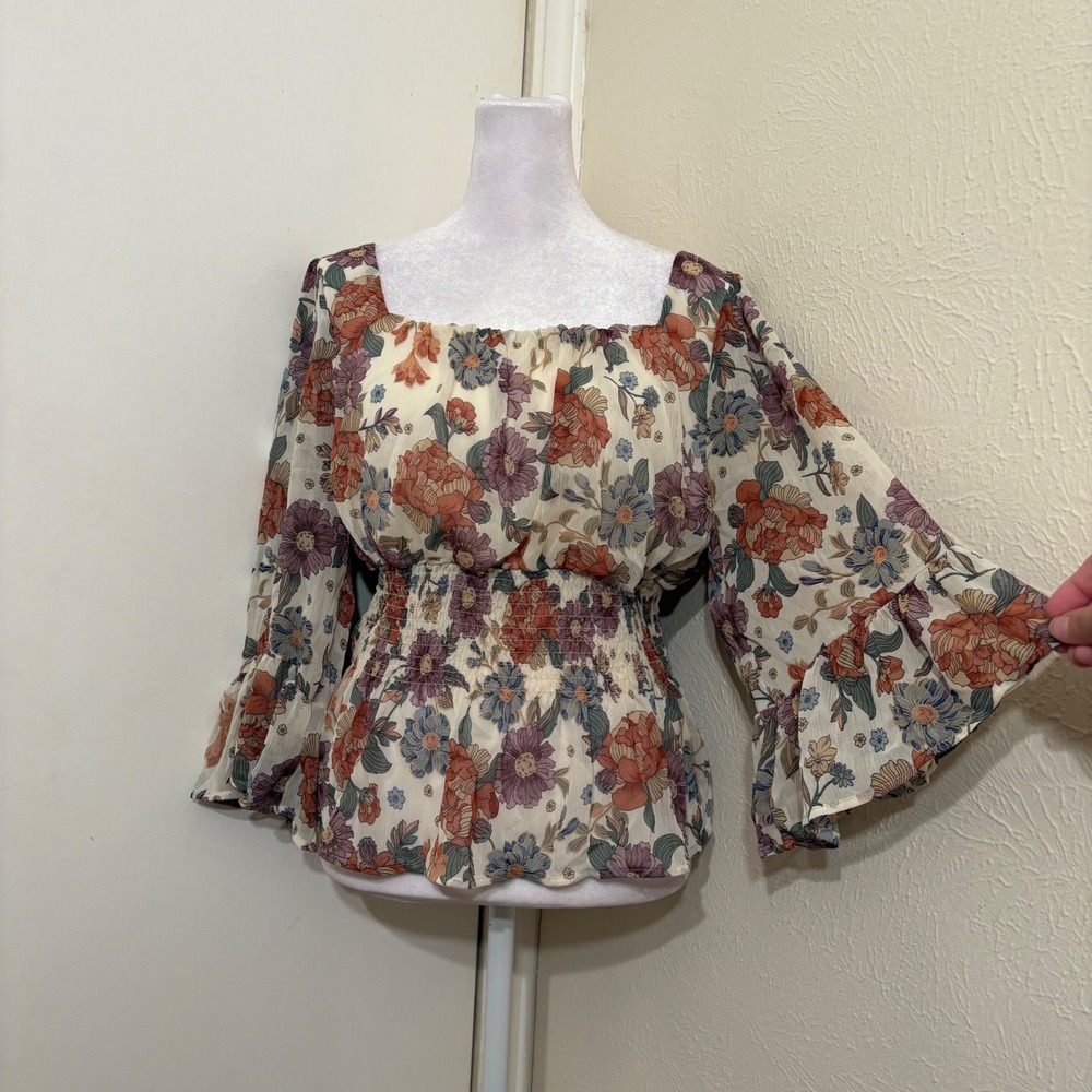Cream Multicolor Floral Botanical Flare Sleeve Sheer Milkmaid Cottagecore Top L